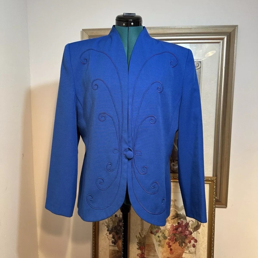 Vintage Heury Lee Royal Blue Lined Embroidered Blazer Jacket Size 12